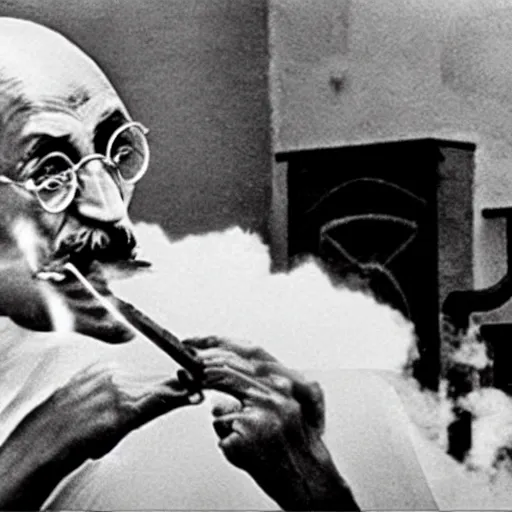 Image similar to Mahatma Gandhi smoking a bong, water pipe, fat cloud, weed, cinematic masterpiece