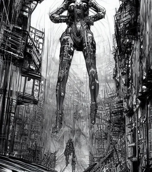 Image similar to andrei tarkovsky cyberpunk greatest scene, ancient tower of babylon, woman in transparent cyber clothing, hyperrealistic, blame, manga style, drawing by tsutomu nihei, cyber world, ambient lighting, concept art, hyper - detailed, smooth, masterpiece, epic, ray tracing, cinematic, high quality