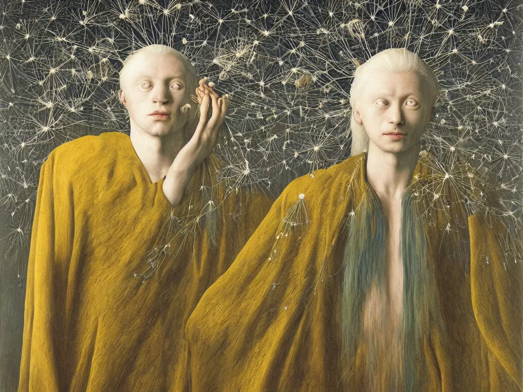 Image similar to Portrait of albino mystic with blue eyes, with exotic glowing dandelion seed storm. Painting by Jan van Eyck, Audubon, Rene Magritte, Agnes Pelton, Max Ernst, Walton Ford