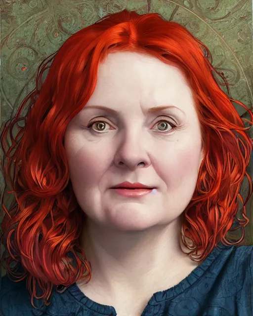 Image similar to portrait of happy short and plump 5 0 - year - old woman with red hair and, kind face, round face, short hair, molly weasley, wearing in cardigan, hyper realistic face, beautiful eyes, close up, fantasy art, in the style of greg rutkowski, intricate, alphonse mucha, hyper detailed, smooth