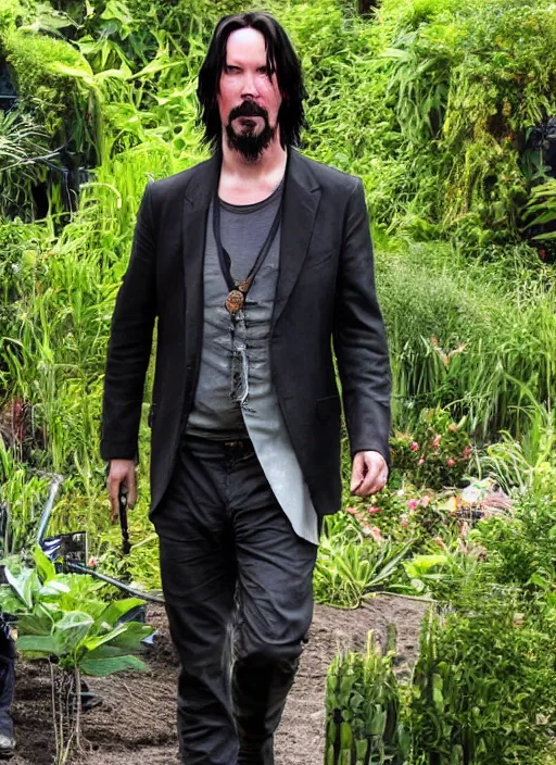 Image similar to solarpunk keanu reeves working in a garden, cyberpunk 2 0 7 7 wake up samurai, solarpunk, lots of plants, gardening, permaculture, anarchy, realistic, ultra detailed