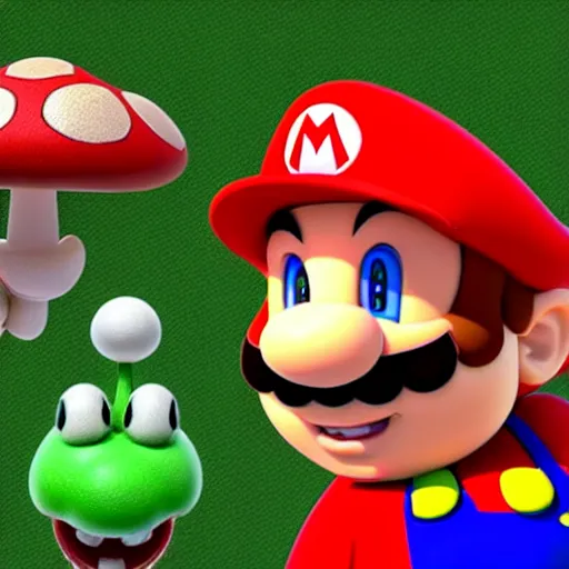 Image similar to hyper-realistic super mario character with realistic mushrooms, goombas and toad. and a realistic yoshi.