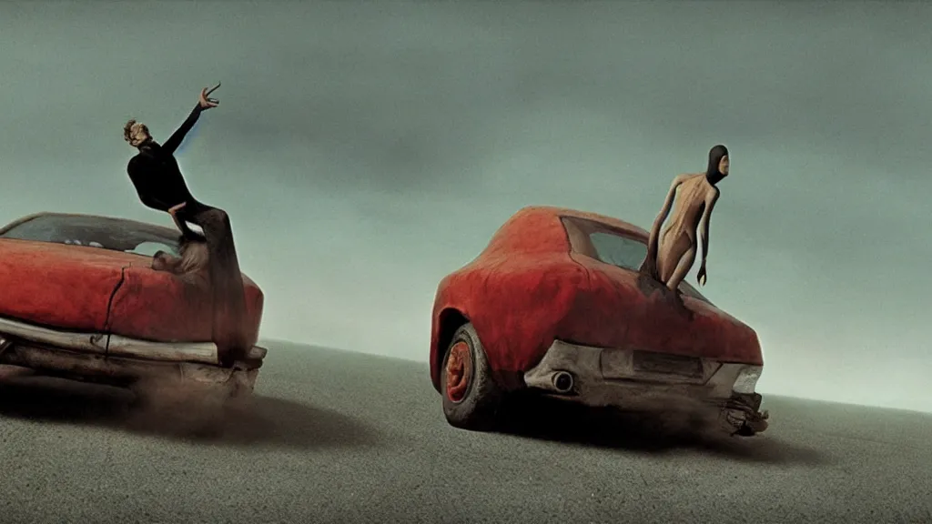 Image similar to the hip creature on the car, film still from the movie directed by denis villeneuve and david cronenberg with art direction by salvador dali and zdzisław beksinski, wide lens