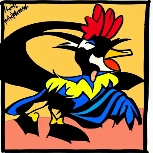 Prompt: A rooster dressed like Batman, cartoon