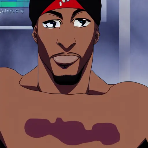 Image similar to Tupac Shakur, screenshot from a 2012s anime