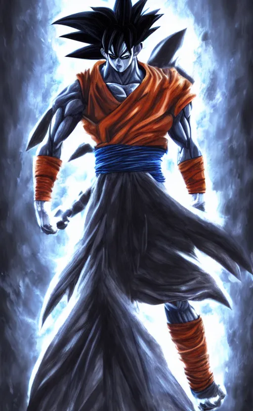 Prompt: a portrait of realistic goku with double sword, bloodborne concept art, 4 k