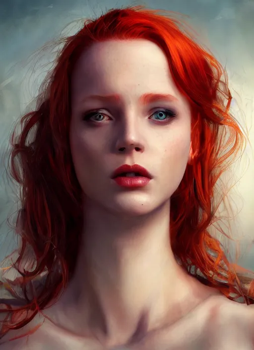 Image similar to Beautiful redhead girl which chest wrapped in bandages, portrait, fantasy, medieval, vivid colors, fantasy, elegant, concept art, sharp focus, beautiful face, digital art, Hyper-realistic, 4K, Unreal Engine, Highly Detailed, HD, Dramatic Lighting by Brom, trending on Artstation