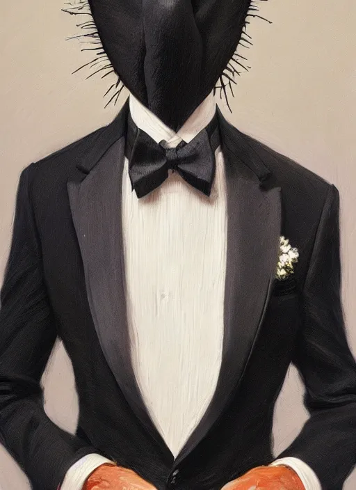 Image similar to a black tuxedo suit with a tie, a flowery bush growing out of the neck hole, intricate, highly detailed, concept art, hyperrealistic, oil painting by greg staples, 8 k