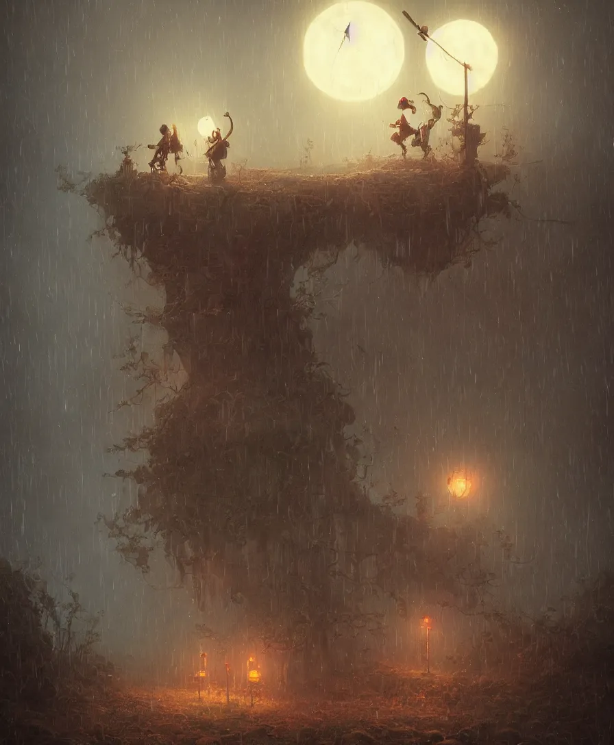 Prompt: time like these, sad skull clown, raining, full moon, illustrated by Simon Stålenhag and Gaston Bussiere, beautiful volumetric lighting style atmosphere, intricate, ultra detailed, photorealistic, trending on artstation, 4k, 8k