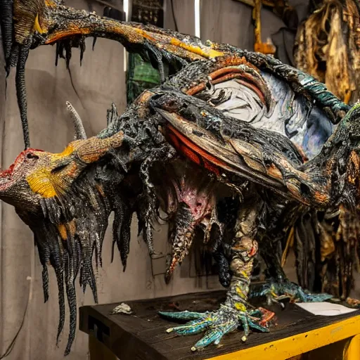 Image similar to photo taken of an epic intricate, ultra detailed, super realistic gritty, hero prop, exquisitely painted animatronic movie prop of a wet slimy grotesque nightmarish hellish winged avian creature displayed in the workshop, created by weta workshop, full body shot, photorealistic, sharp focus