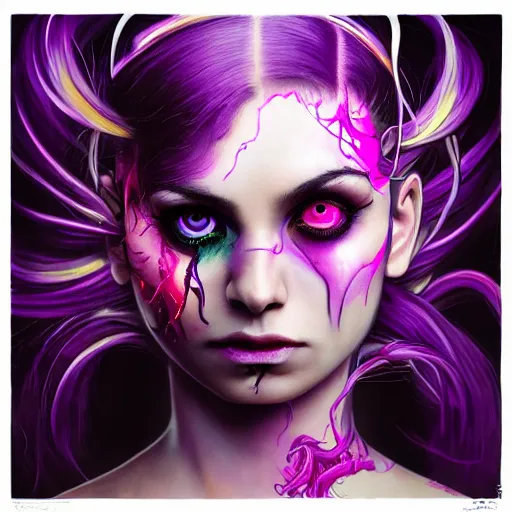 Image similar to detailed photo portrait of a furious teen girl with thin, hair-like purple tentacles on her head and bright purple eyes, 8k,by tristan eaton, Stanley Artgermm,Tom Bagshaw,Greg Rutkowski,Carne Griffiths,trending on DeviantArt, face enhance,hyper detailed ,full of colour, dramatic lightning