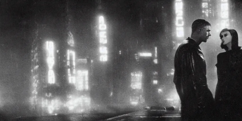 Prompt: old black and white photo, 1 9 3 3, depicting blade runner and replicant, ultra realistic face, leica, historical record, dramatic lighting