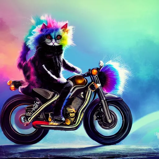 Image similar to wide angle full body, jacket wearing fluffy cute rainbow kitten wearing a black leather motorcycle jacket, riding on a motorcycle, cinematic concept art