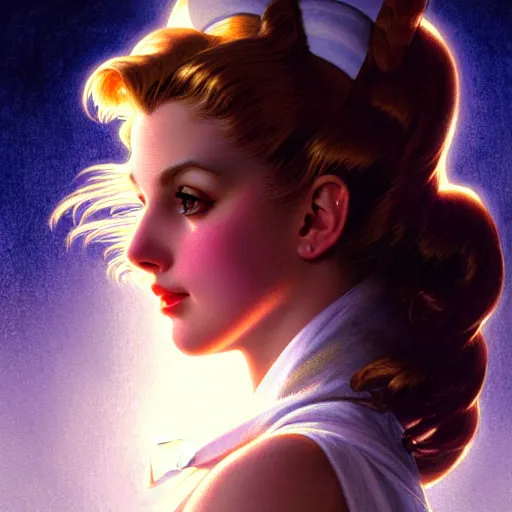 Image similar to head and shoulders Portrait of Sailor Moon, dark fantasy, medium shot, intricate, elegant, highly detailed, digital painting, volumetric light, artstation, concept art, smooth, sharp focus, illustration, art by Gil Elvgren and Greg Rutkowski and Alphonse Mucha