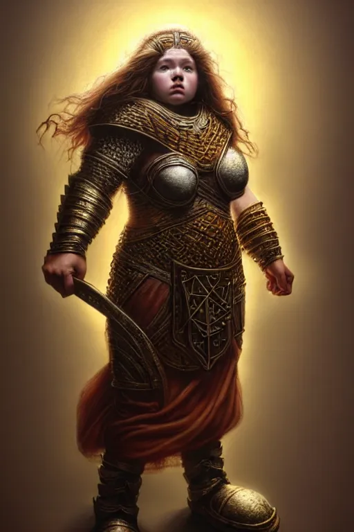 Image similar to hyperrealistic mixed media painting of a female dwarven cleric, chubby short stature, d&d, full body, stunning 3d render inspired art by P. Craig Russell and Barry Windsor-Smith + perfect facial symmetry + dim volumetric lighting, 8k octane beautifully detailed render, post-processing, extremely hyperdetailed, intricate, epic composition, grim yet sparkling atmosphere, cinematic lighting + masterpiece, trending on artstation, very very detailed, masterpiece, stunning