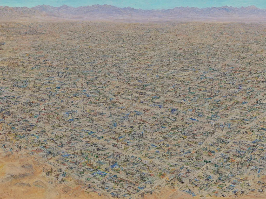 Image similar to landscape, bird view, large Trailer park in the desert near the oasis with a reservoir and rednecks, painting by style Julie Mehretu