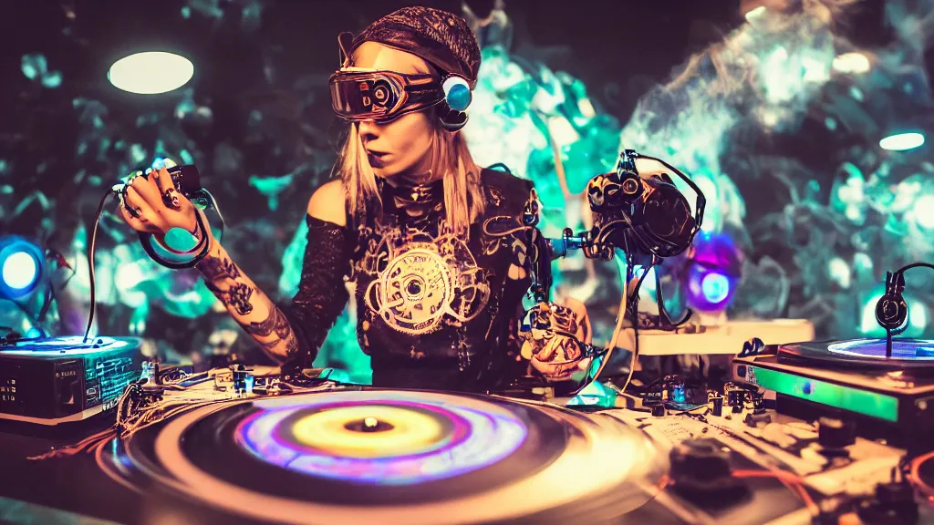 Prompt: a tattooed woman wearing goggles and visor and headphones using an intricate clockwork record player turntable contraption, robot arms, turntablism dj scratching, intricate planetary gears, cinematic, sharp focus, led light strips, bokeh, iridescent, black light, fog machine, hazy, computer screens, lasers, spotlights, light trails, hyper color photograph