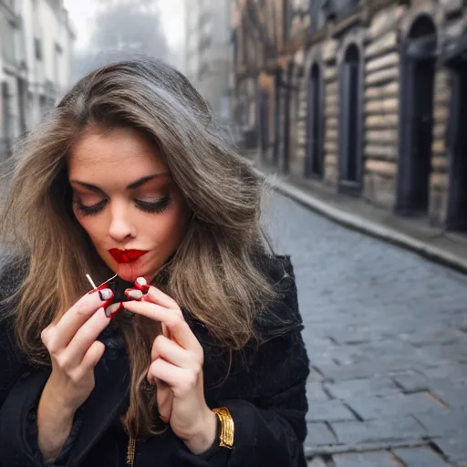 Image similar to A smirking woman in a dark coat lights a cigarette with an ornate gold lighter. She stands in a cobblestone street. The sky is a hazy gray, and her hair resembles a burnished halo. Her eyes are lined with blue kohl that glistens in the light, and her lips are painted red. A chill wind sweeps down the street.