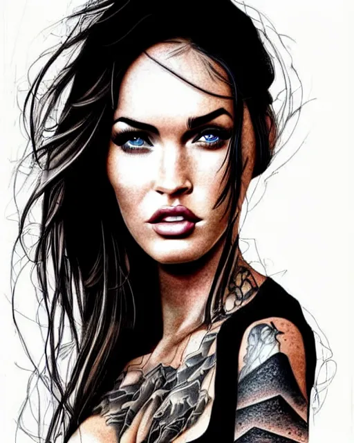 Prompt: double exposure portrait of megan fox with a mountain background, tattoo design sketch, in the style of matteo pasqualin, amazing detail, sharp