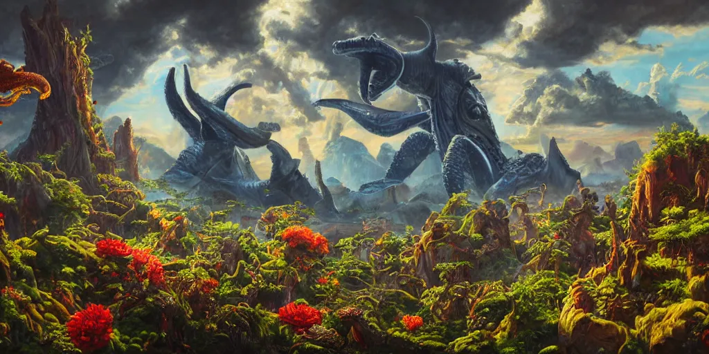 Image similar to fantasy oil painting, great leviathan, cybernetic turtle cephalopod terrapin reptilian pachyderm squid, bella hadid, hybrid, milla jovovich, anubis, epic natural light, lush plants flowers, spectacular mountains, bright clouds, luminous sky, outer worlds, golden hour, michael cheval, edward hopper, michael whelan, vray, hd