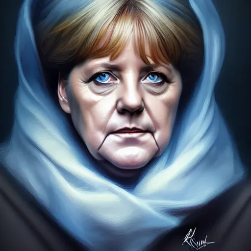 Prompt: Portrait of Angela Merkel with beard, D&D, blue eyes, face, !dark fantasy!, intricate, elegant, highly detailed, digital painting, artstation, concept art, smooth, sharp focus, illustration, art by artgerm and greg rutkowski and alphonse mucha