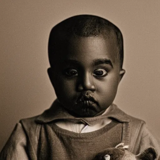 Image similar to Portrait studio photograph of Kanye West holding a anthropomorphic teddy bear, close up, shallow depth of field, in the style of Felice Beato, Noir film still, 40mm