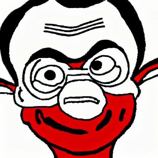 Image similar to red on white background ms paint doodle of group portrait of mr bean grey goblin looking funny looking smug - w 7 6 8