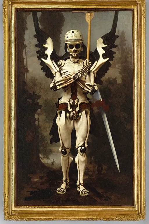 Image similar to portrait of a skeleton warrior with big sword, wearing helmets and armor with wings, symmetrical, solemn, sacred, aura, by bouguereau