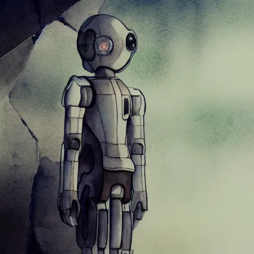 Image similar to a broken robot itself, anime, pencil lines, light watercolour painting, pale sky, beautiful artwork, anime screenshot, tokyo