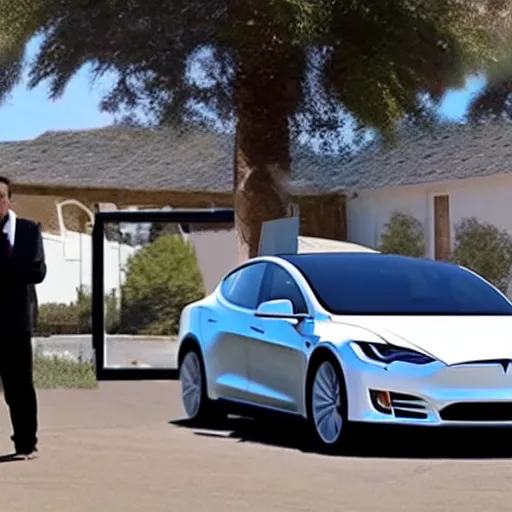 Prompt: elon musk breaking his tesla in his garage the background is the view of 3 tesla