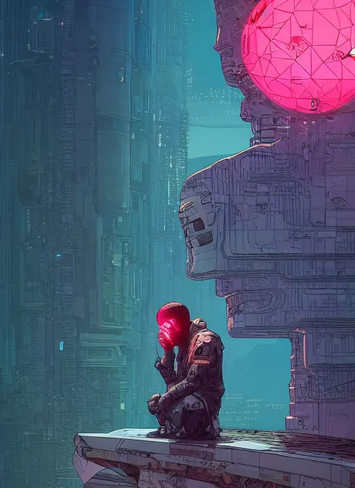 Prompt: a cyberpunk explorer meditating next to a floating triangular glowing monolith with one eye, highly detailed, midnight, by josan gonzalez and victo ngai and moebius