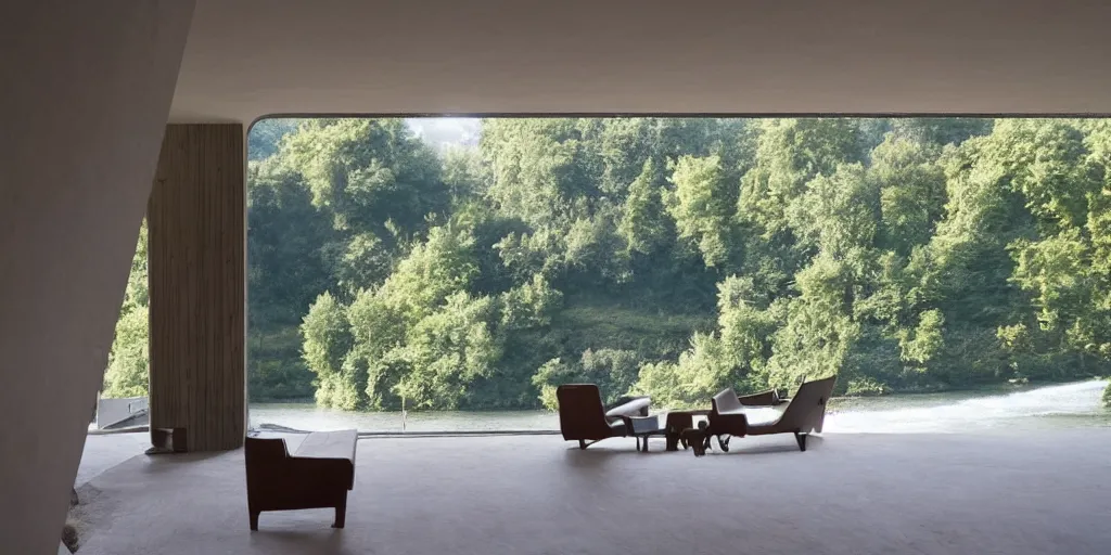 Prompt: a house by the river rhein close to mumpf designed by peter zumthor, beautiful ambient light, silver hour