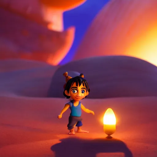 Image similar to aladdin's genius of the lamp as nendoroid walking in a desert in the croods movie style, anime, disney, pixar, 8 k, hd, dof, kodak film, volumetric lighting, subsurface scattering, photorealistic, octane render, details