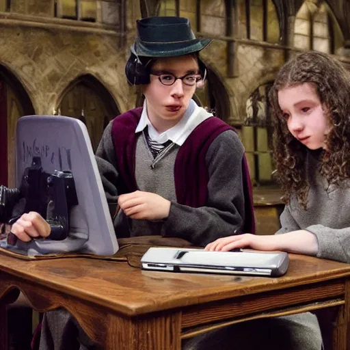 Image similar to Photo of student wizards using a computer in Hogwarts