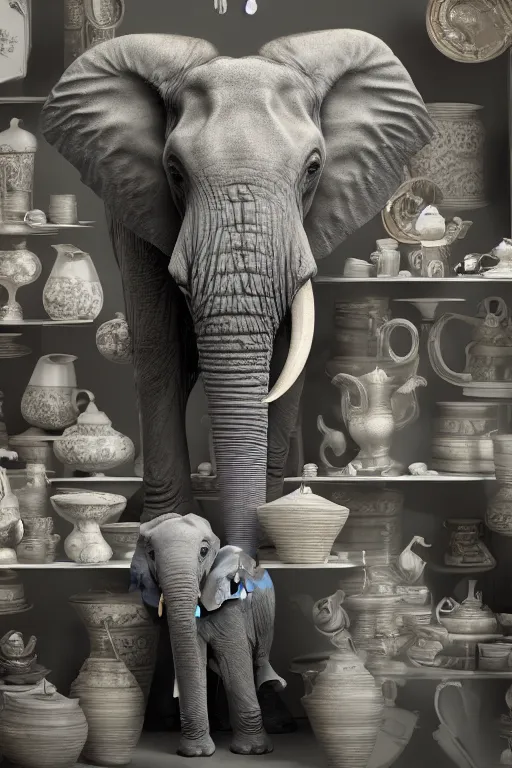 Image similar to photography of an elephant in a porcelain shop, cgsociety,