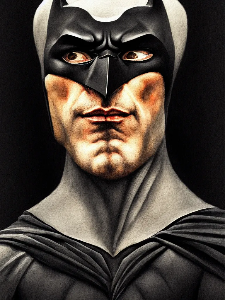 Image similar to portrait of batman only head and chest, intricate, desaturated, Hieronymus Bosch, oil on canvas, gouache painting, masterpiece, trending on artstation, cinematic composition, dramatic pose, sharp, details, hyper-detailed, HD, 4K, 8K
