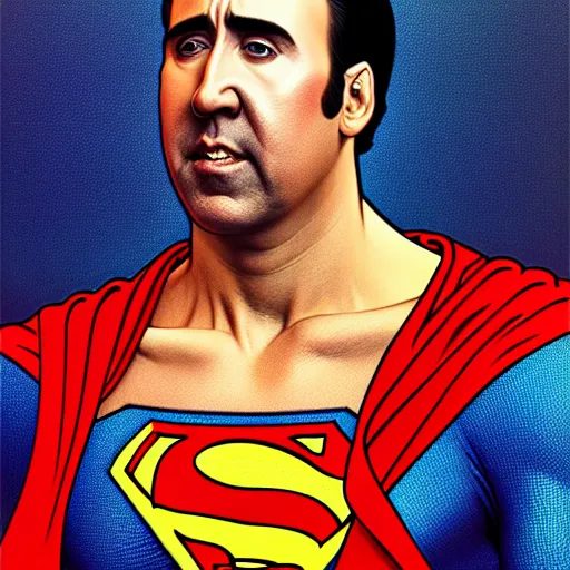 Image similar to upper body portrait of nicolas cage as superman, intricate, elegant, highly detailed, digital painting, artstation, concept art, smooth, sharp focus, illustration, art by artgerm and greg rutkowski and alphonse mucha, award winning, 8 k