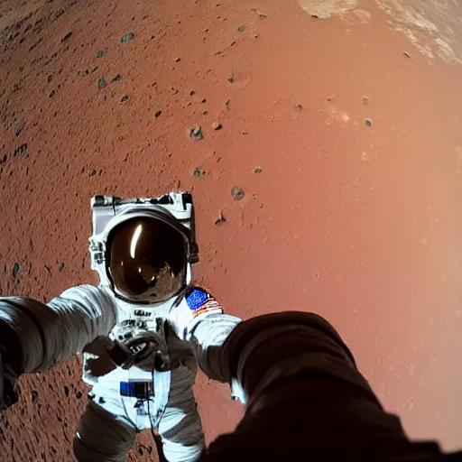 Image similar to an astronaut taking a selfie on the surface of mars