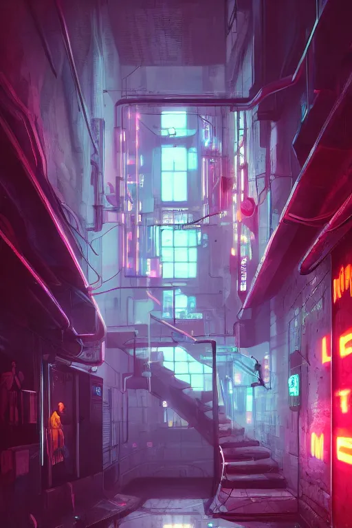 Image similar to down a basement staircase, neon lights, cyberpunk style, digital painting, concept art, smooth, sharp focus, hyperrealistic, illustration, artstation trending, octane render, unreal engine, ambient light, dynamic lighting, magical, dark vibes, Cyberpunk 2077