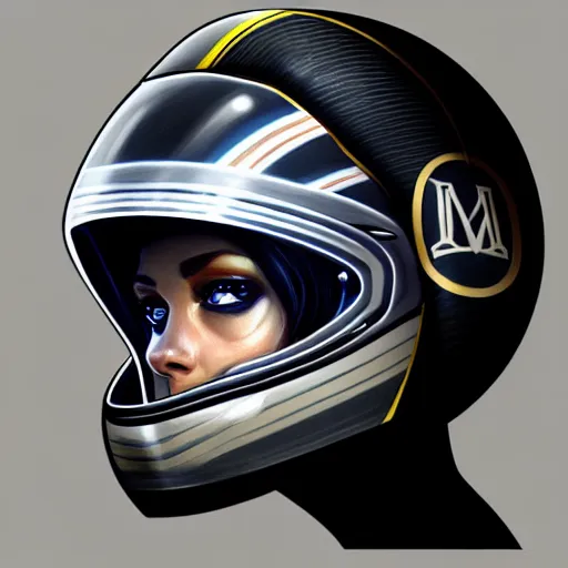 Prompt: sports helmet driver wearing a transparent visor helmet with big eye lashes with high detailed tattoos on neck, side profile on a racing car, highly detailed, digital painting, artstation, concept art, smooth, sharp focus, illustration by Sandra Chevrier