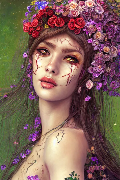 Image similar to portrait of beautiful young mainem, warhammer, cyber style, a lot of more scars, more and more flowers, the middle ages, highly detailed, artstation, illustration, artgerm sylvari portrait, 8 k quality, art by gustav klimt