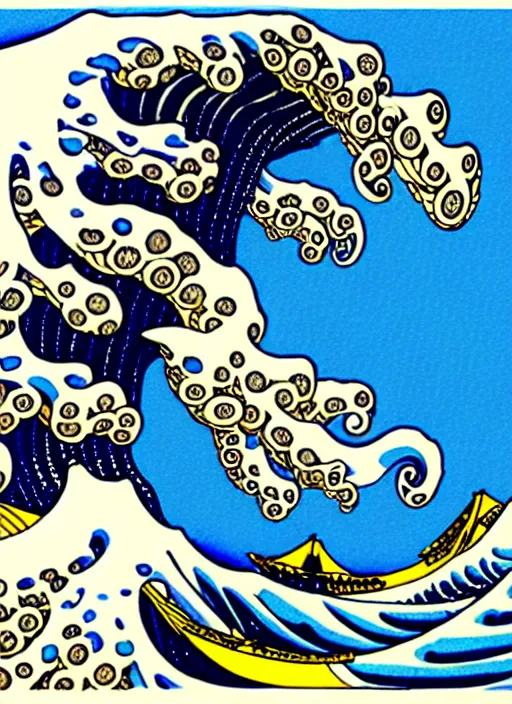 Prompt: cybernetic octopus surfing the great wave by Hokusai, 8k, full body character drawing, clean ink detailed line drawing, intricate detail, extremely detailed.