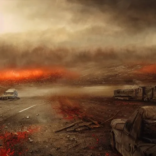 Prompt: hyper realism, realistic apocalyptic war scene, brown and red tones, dense fog