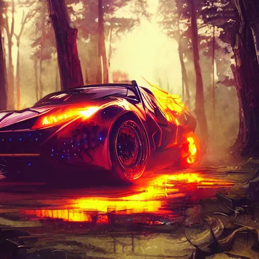 Image similar to cyberpunk car on fire in the middle of the woods, stylized, artgerm, artstation, hd, cgsociety, cgi, realistic, dramatic, cinematic, artistic, trending, detailed