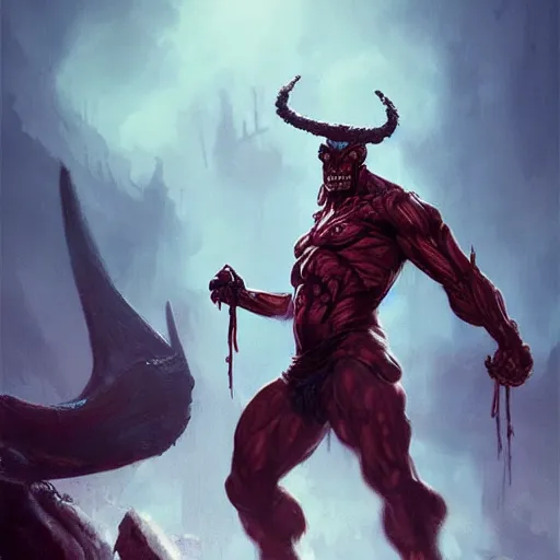 Image similar to mutant man, fantasy boss fight, dramatic illustration, muscular character, huge horns, art by greg rutkowski, digital art, artstation