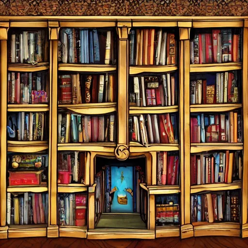 Image similar to enchanted bookshelves, in the style of colin thompson, highly detailed, playful fantasy