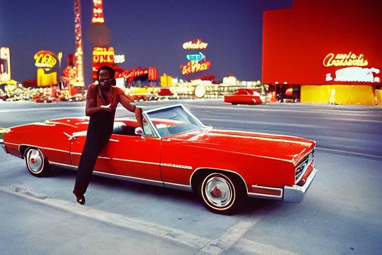 Image similar to Color photograph of Chuck Berry behind the wheel of a red convertible 1968 Converible Eldorado with a white interior on the Las Vegas Strip at night, award winning photograph by Annie Liebowitz and Herman Leonard