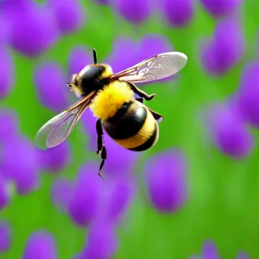 Image similar to a bee landing on bright purple flowers with a yellow center, close up dslr photo