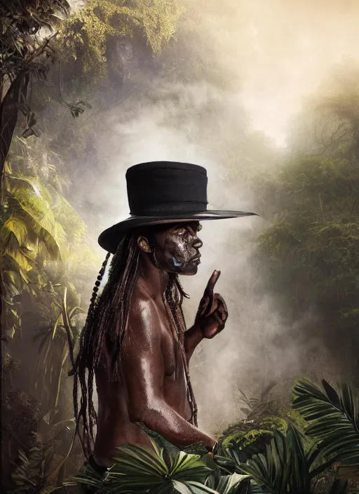 a tribal warrior in the forest, african. By Makoto, Stable Diffusion