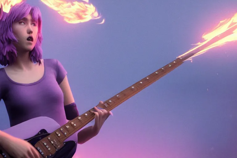 Image similar to An awesome image of a short-haired, lilac-eyed girl with a guitar spewing fire, trending on Artstation, 8k, photorealistic, hyper detailed, unreal engine 5, IMAX quality, cinematic, epic lighting, in the style of Greg Rutkowski
